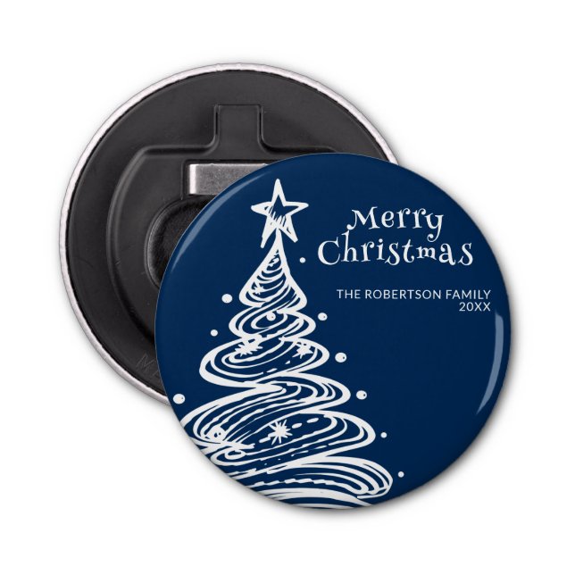 Navy Blue White Christmas Tree Party Bottle Opener (Front)