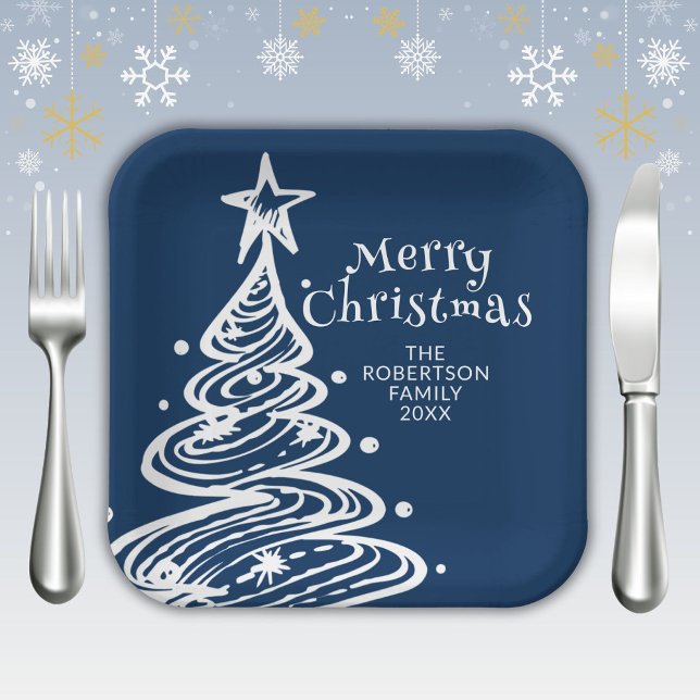 Navy Blue White Christmas Tree Party Paper Plate (Creator Uploaded)