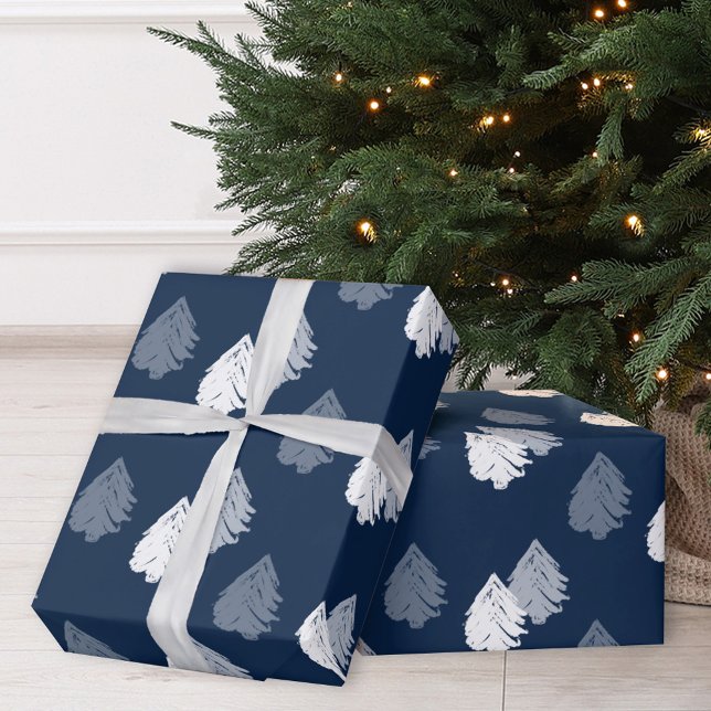 Navy Blue White Christmas Tree Pattern Wrapping Paper (Creator Uploaded)