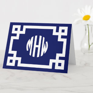 Navy Blue White Circle Monogram Greek Key DIY BG Card