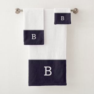 Navy Blue White Classic Monogram Bath Towel Set