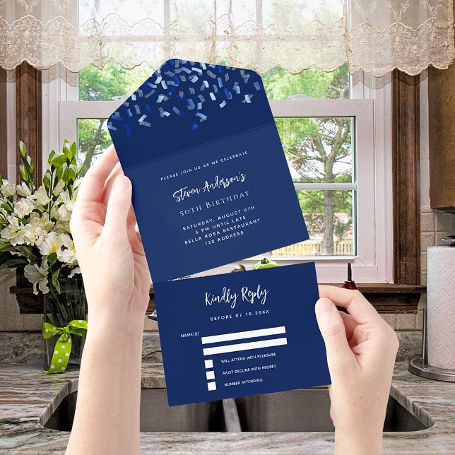 Navy blue white confetti birthday rsvp all in one invitation (Creator Uploaded)
