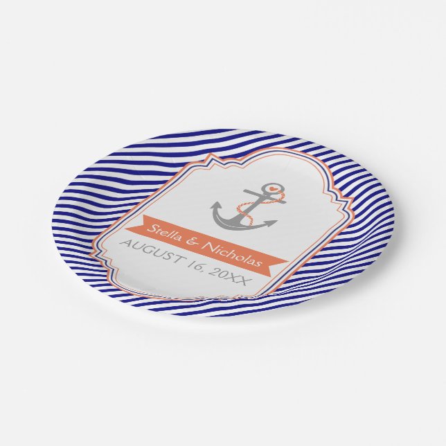 Navy blue, white coral anchor nautical wedding paper plate (Angled)