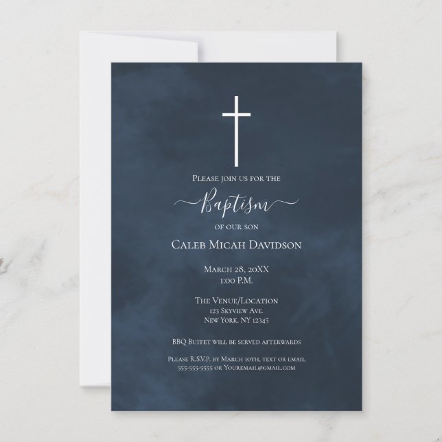 Navy Blue & White Cross Modern Baptism   Invitation (Front)