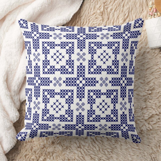 Navy Blue & White Cross Stitch Traditional Motif  Cushion (Blanket)