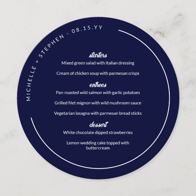 Navy Blue White Curved Names Round Menu (Front)