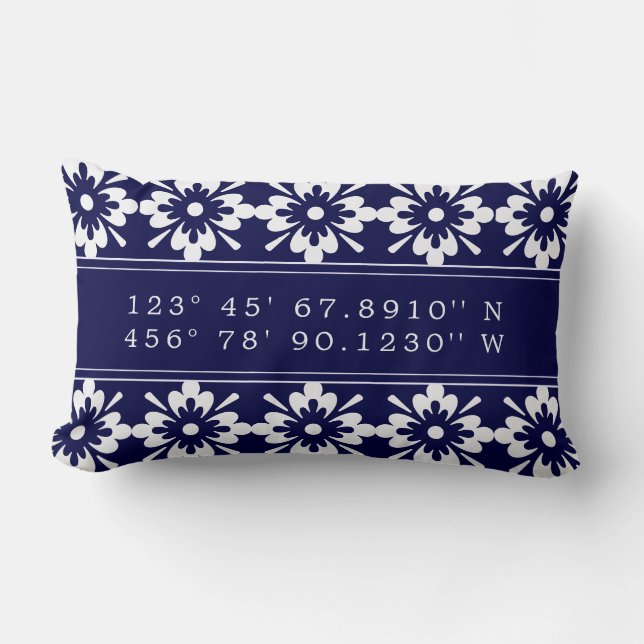 Navy Blue & White | Custom Map Coordinates Lumbar Cushion (Front)