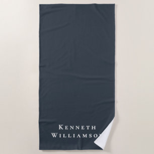 Navy Blue White Custom Name Minimalist Modern Men  Beach Towel