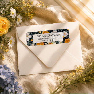 Navy Blue White Daisies Return Address Label