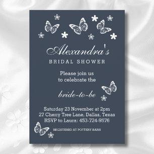Navy Blue White Daisy Butterfly Bridal Shower Invitation