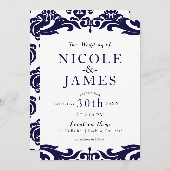 Navy Blue & White Damask Chic Elegant Wedding Invitation (Front/Back)