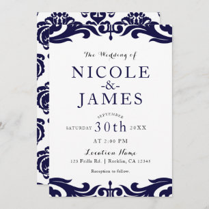 Navy Blue & White Damask Chic Elegant Wedding Invitation