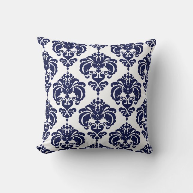 Navy Blue & White Damask Modern Elegant Pattern Cushion (Front)