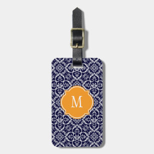 Navy Blue & White Damask Monogram Luggage Tag