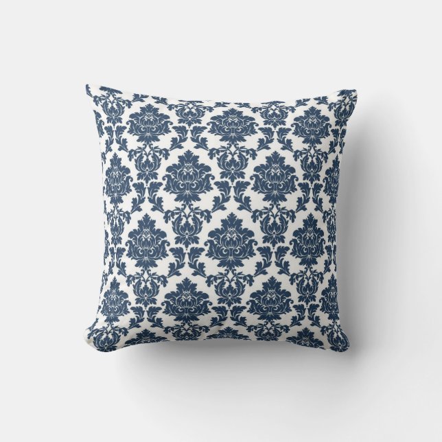 Navy Blue - White Damask Pillow (Front)