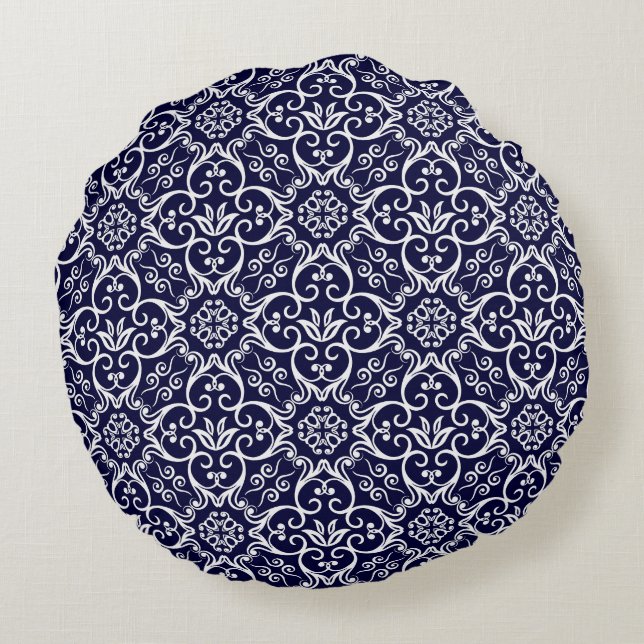 Navy Blue & White Damask Round Pillow (Back)