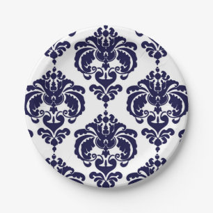 Navy Blue & White Damask Vintage Wedding Event Paper Plate