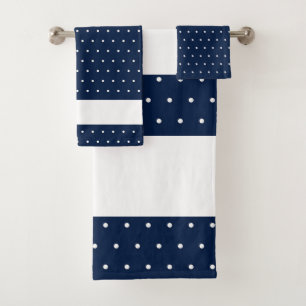 Navy Blue White Dots Pattern Stripes Bath Towel Set