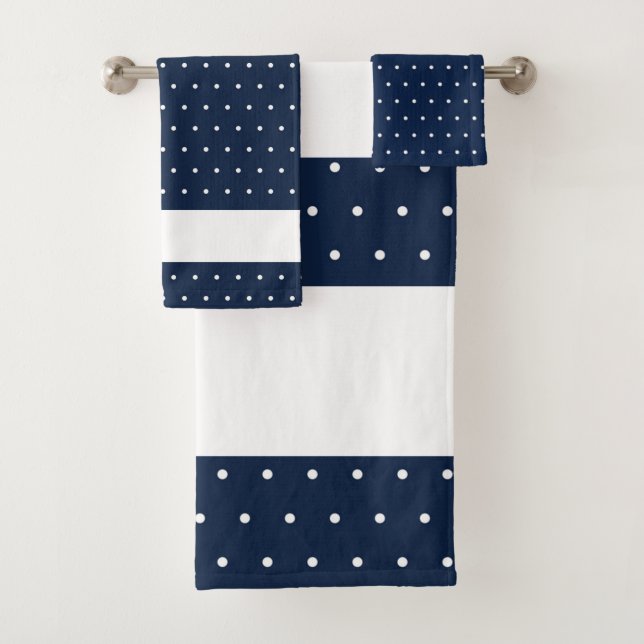 Navy Blue White Dots Pattern Stripes Bath Towel Set (Insitu)