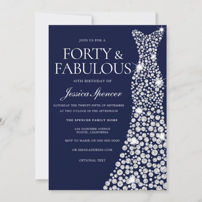 Navy Blue White Dress 40th Fabulous Birthday Party Invitation (Front)