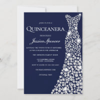 Navy Blue White Dress Quinceanera Party Invite