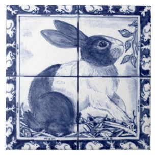 Navy Blue White Dutch Rabbit Dedham Delft Mural Ceramic Tile