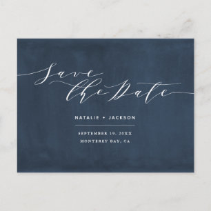 Navy blue + white elegant wedding save the date postcard