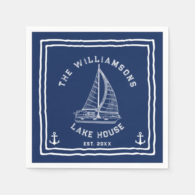 Navy Blue White Family Name Anchor Sailboat Lake Napkin (Front)