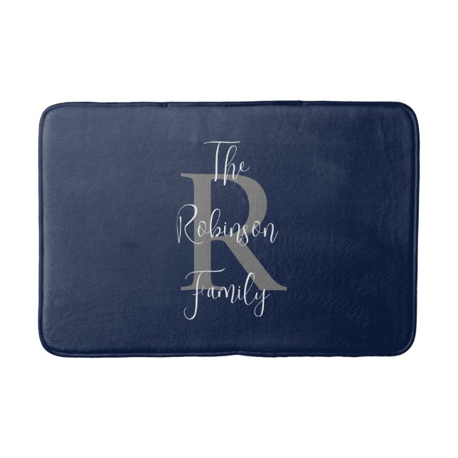 Navy Blue White Family Name Classic Monogrammed  Bath Mat (Front)