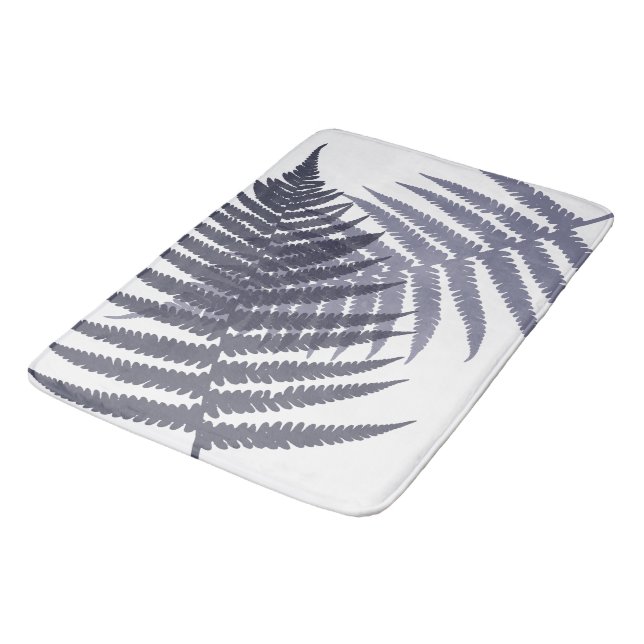 Navy Blue White Fern Leaves Pattern Bath Mat (Angled)
