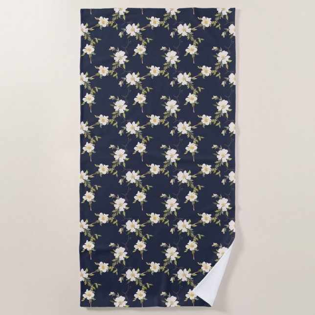 Navy Blue White Floral Beach Towel (Front)