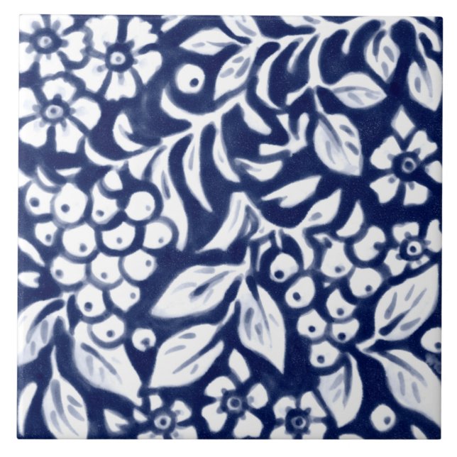 Navy Blue White Floral Berry Berries Leaf Cobalt N Ceramic Tile (Front)
