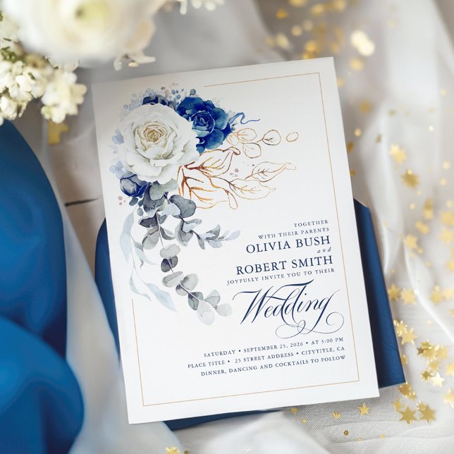 Navy Blue & White Floral Boho Gold Elegant Wedding Invitation (Navy Blue and White Floral Wedding Invitation)