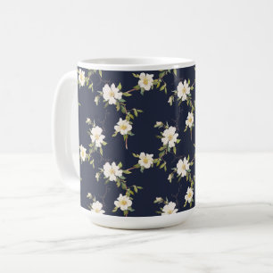 Navy Blue White Floral Coffee Mug