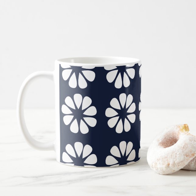 Navy Blue White Floral Coffee Mug (With Donut)