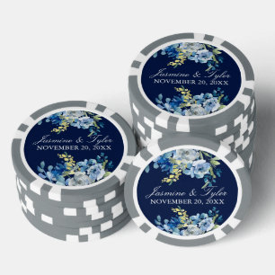 Navy Blue White Floral Elegant Custom Wedding Poker Chips