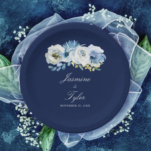 Navy Blue White Floral Elegant Minimalist Wedding  Paper Plate