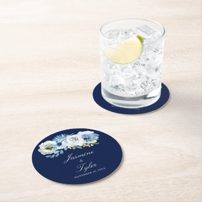 Navy Blue White Floral Elegant Minimalist Wedding  Round Paper Coaster (Insitu)