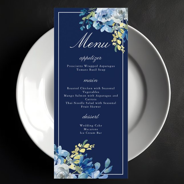 Navy Blue White Floral Elegant Wedding Dinner Menu (Creator Uploaded)