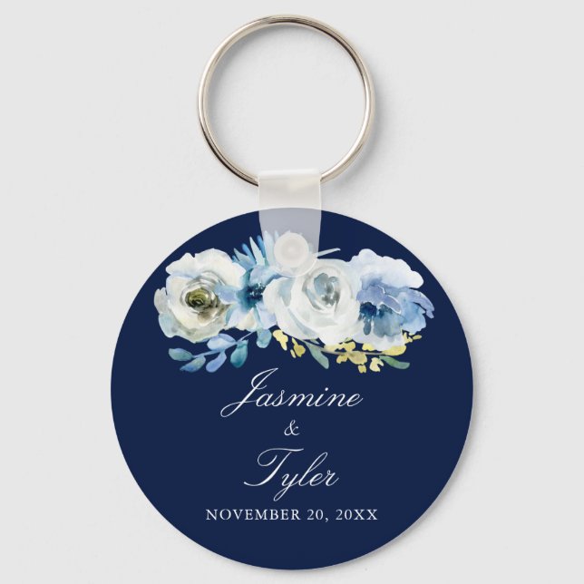 Navy Blue White Floral Elegant Wedding Favour Key Ring (Front)