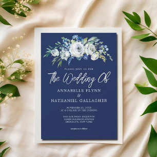 Navy Blue White Floral Elegant Winter Wedding Invitation