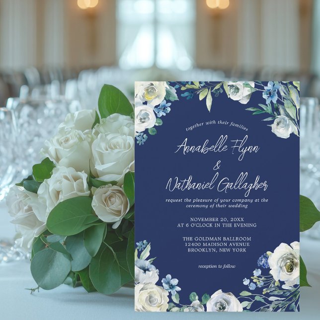 Navy Blue White Floral Handwritten Winter Wedding Invitation (Creator Uploaded)