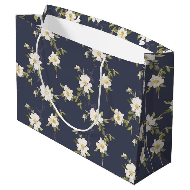Navy Blue White Floral Large Gift Bag (Back Angled)
