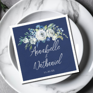 Navy Blue White Floral Modern Evening Wedding Napkin