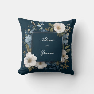 Navy Blue White Floral Modern Square Frame Cushion