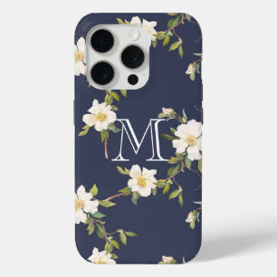Navy Blue White Floral Monogram iPhone 15 Pro Case