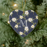 Navy Blue White Floral Monogram Ceramic Ornament<br><div class="desc">Navy Blue White Flowers Monogram</div>