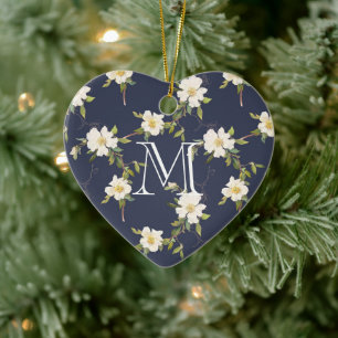 Navy Blue White Floral Monogram Ceramic Ornament