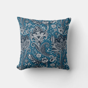 Navy Blue & White Floral Paisley Bohemian Boho Cushion