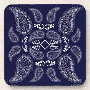 Navy blue white floral paisley design coaster